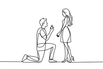 Man proposes to woman with a ring in a simple line drawing