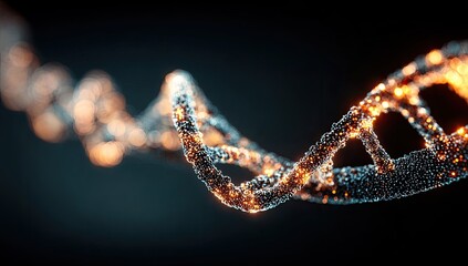 DNA double helix, glowing particles