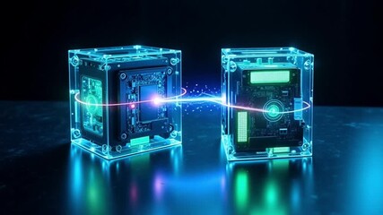 Futuristic technology concept: glowing cubes connecting with digital network connection system - Powered by Adobe