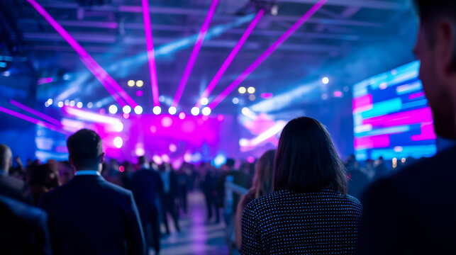 Audience watching a futuristic digital presentation with neon city visuals.  
