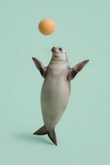 Seal Balancing with Ball on Green Background
