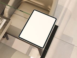 Elegant tablet pad on glass table with subtle lighting, ideal for tech mockups.