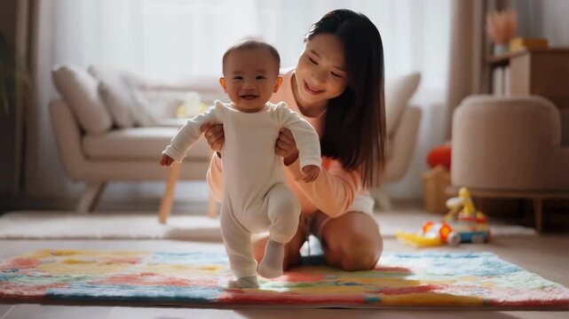 Happy asian mother helping baby taking first steps