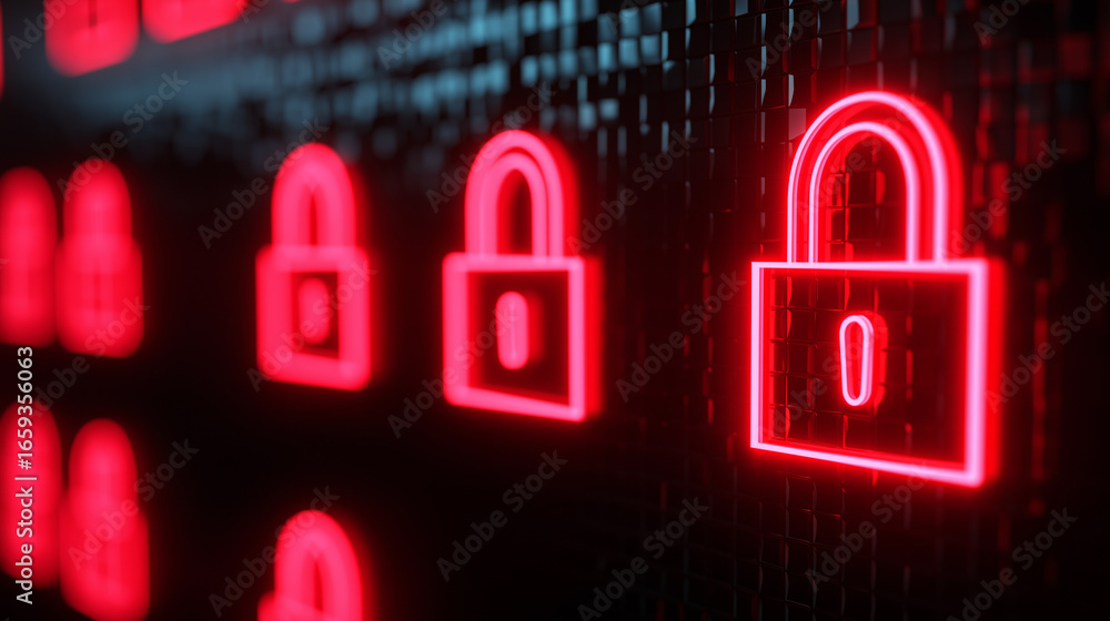 Poster glowing red padlocks symbolizing cybersecurity and digital data protection.