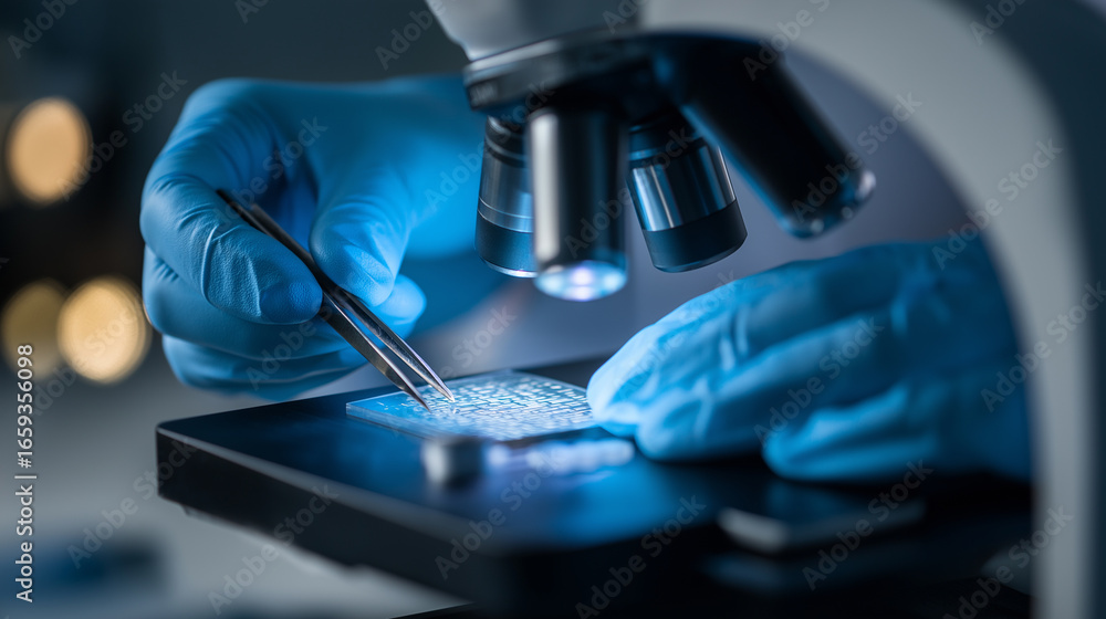Poster scientist using microscope with tweezers to adjust sample under red light.