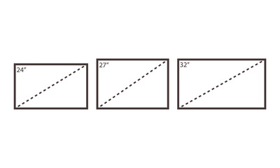 Background symbols and icons for LCD screen sizes. 24, 27, and 32 inches. Monitor and smart TV sizes