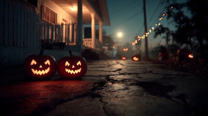 Carved pumpkins glow eerily while bats perch nearby in a festive Halloween atmosphere