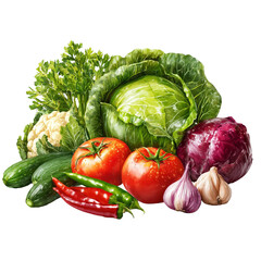 Vibrant assortment of fresh garden vegetables on transparent background
