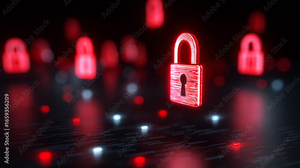 Poster glowing red padlocks symbolizing cybersecurity and digital data protection.