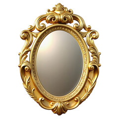 3d ornate gold oval mirror with intricate frame isolated on transparent background