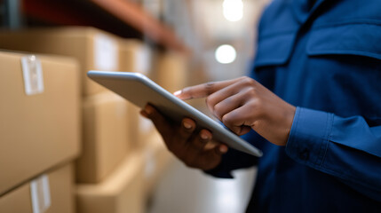 Person using a digital tablet in a warehouse with stacked cardboard boxes in the background.