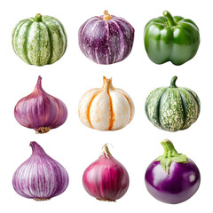 Assorted produce arrangement featuring vegetables on a transparent background