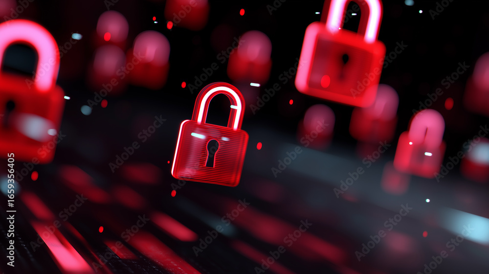 Poster glowing red padlocks symbolizing cybersecurity and digital data protection.
