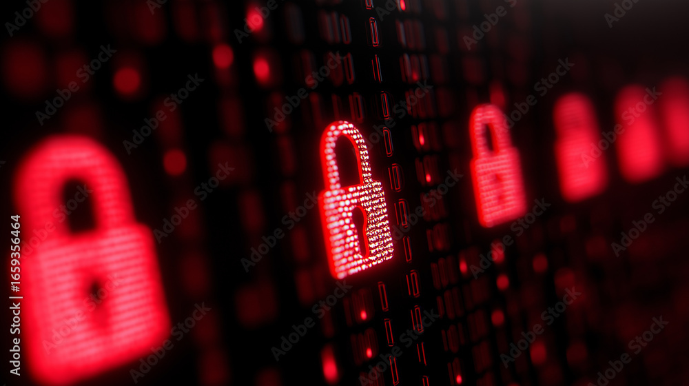 Poster glowing red padlocks symbolizing cybersecurity and digital data protection.