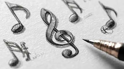 Hand-Drawn Music Symbols Set: Quarter Note Bass Clef and Fermata with Sketch Outlines for Music Theory Beginners and Educational Materials