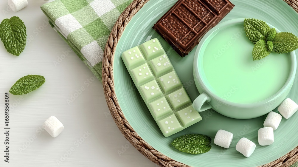 Poster a plate with a green background and a chocolate bar and marshmallows on it. the plate is placed on a