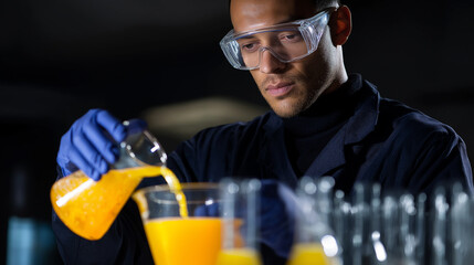 Male chemist wearing protective goggles and gloves pouring an orange liquid into a beaker in a laboratory.