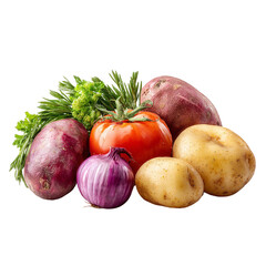 Fresh harvested colorful vegetables arrangement, isolated on transparent background