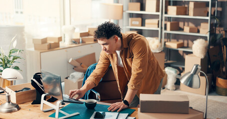 Logistics, laptop and man in office for ecommerce, procurement email or jewelry distribution....