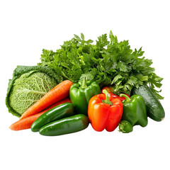 Freshly harvested vegetables arrangement and composition on transparent background