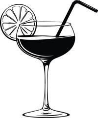 Black and white hand-drawn cocktail glass with straw vector, bold smooth ink strokes, minimal doodle style, abstract summer drink silhouette, professional high-quality vector illustration 1