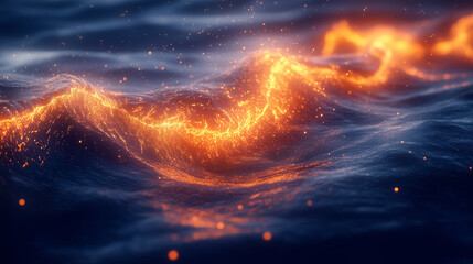 Glowing Waves of Light on a Dark Ocean Background