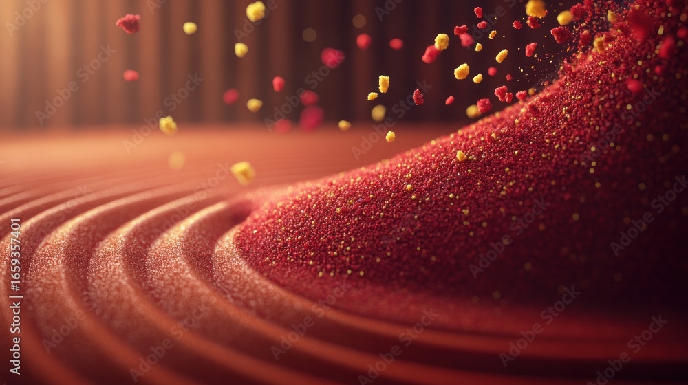 Poster abstract view of a wave in red sand with falling grains creates an artistic scene