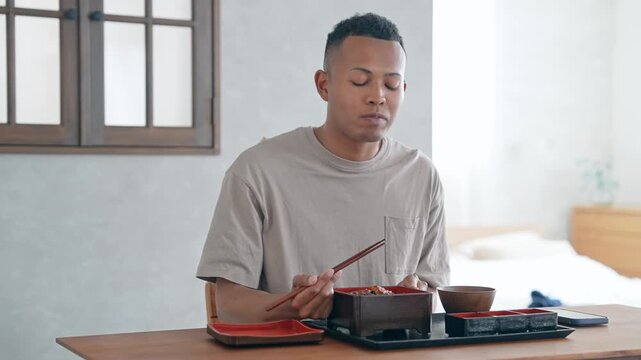 meal, eating, cooking, man, eel rice bowl, japanese cuisine, inbound, eel, travel, trip, journey, sightseeing, tourist, delicious, japan, inn, hotel, eatery, restaurant, diner, tiered box, memory, hap