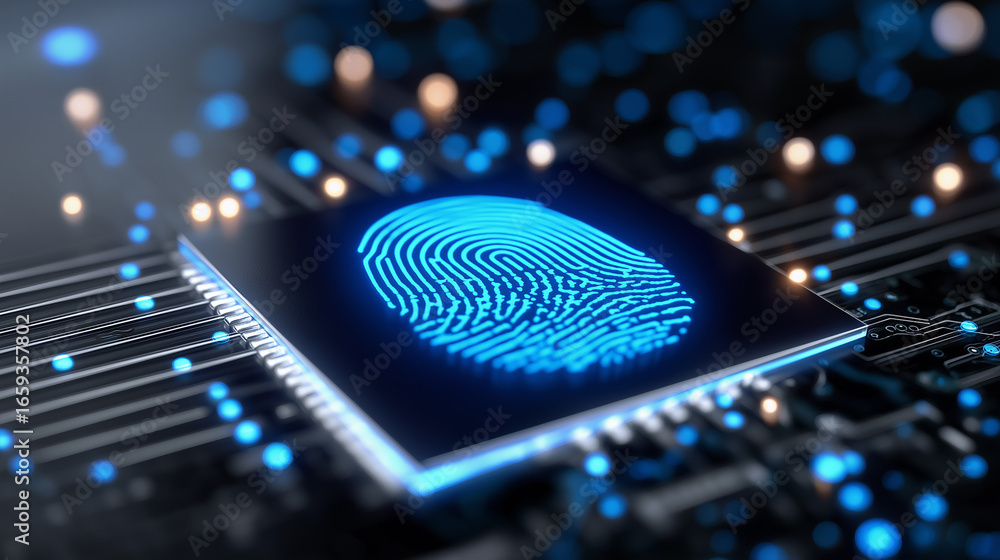 Poster futuristic digital fingerprint scanner on a microchip, glowing blue biometric security technology, s