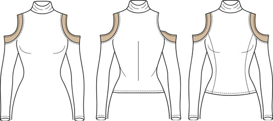 CAD drawing flat vector illustration of women’s cold shoulder turtleneck top, fashion template, technical garment sketch, front and back views, editable design