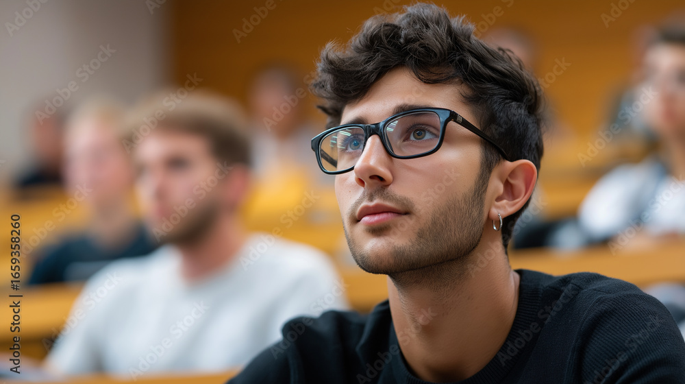 Poster student in a yellow hoodie attentively listening during a lecture in an auditorium.