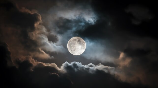Captivating View of the Full Moon Shining Through Dark, Dramatic Clouds at Night - Powered by Adobe