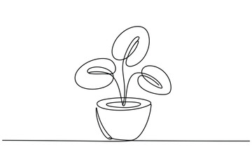 Minimalist single line drawing of a potted plant with round leaves