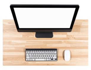 A - Top-Down View of Computer on Wooden Desk, Transparent PNG
