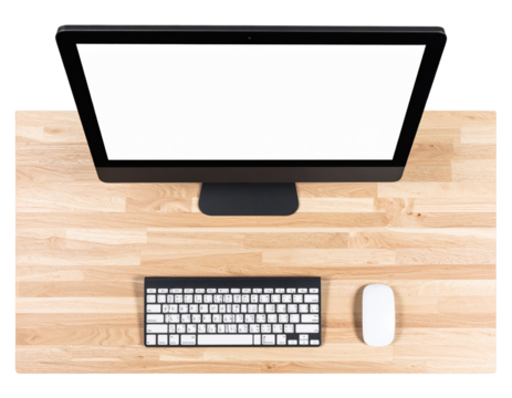 A - Top-Down View of Computer on Wooden Desk, Transparent PNG
