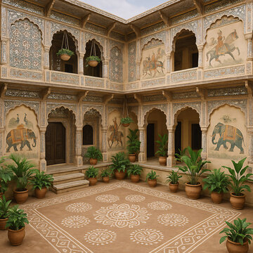 Traditional Rajasthani Courtyard with Intricate Elephant and Horse Murals and Lush Greenery