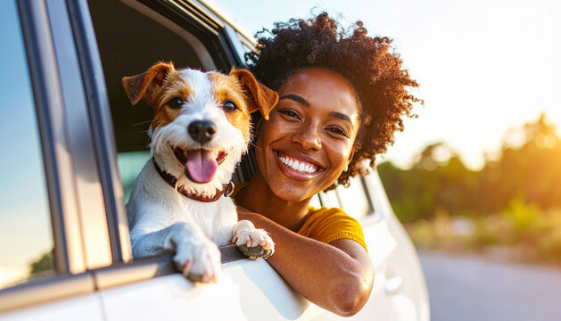 Happy woman and dog enjoying car ride