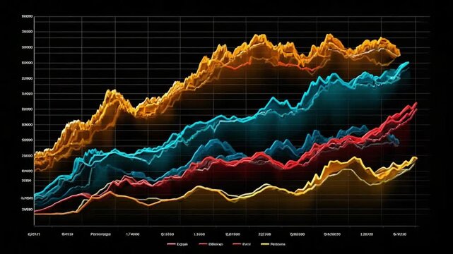 Financial Trends Visualization: A sophisticated data visualization showcases complex financial trends, with vibrant, interconnected lines charting fluctuations.