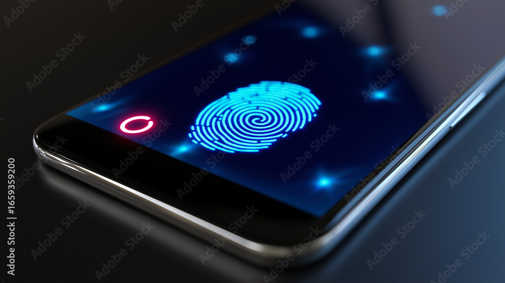 Poster smartphone with glowing digital fingerprint scanner on the screen, symbolizing biometric security an