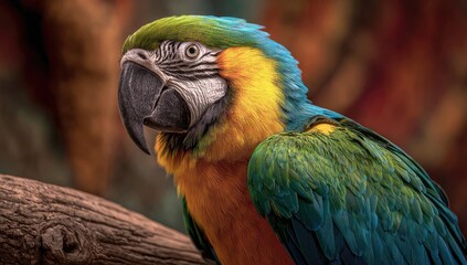 Colorful parrot portrait on log, vibrant background