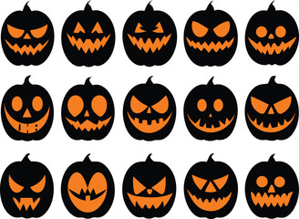 A Collection of Spooky Halloween Jack-o'-Lantern Faces on a White Background
