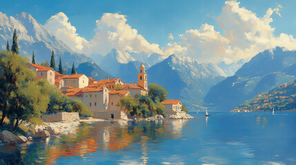 Stunning Mediterranean Village by the Sea - Mountain View Coastal Landscape Painting