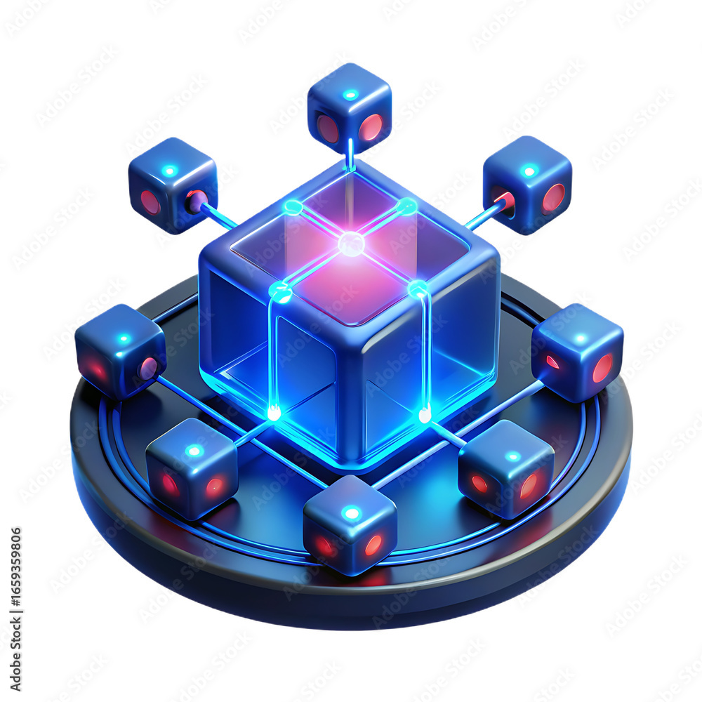 Aufkleber blockchain technology network connection with cubes and neon lights design on transparent background