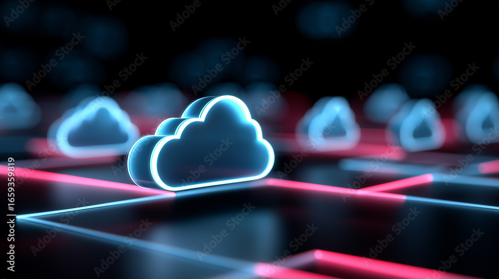 Poster digital 3d illustration of glowing cloud icons representing cloud computing and data storage.