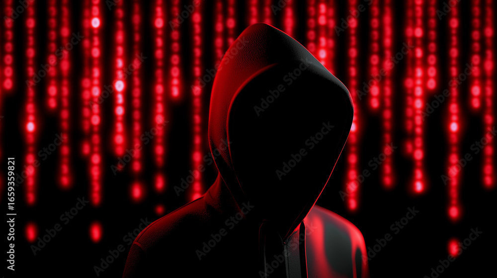 Poster silhouette of a hooded figure in front of glowing red digital code.