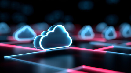 Digital 3D illustration of glowing cloud icons representing cloud computing and data storage.  
