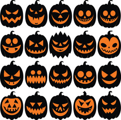 A Collection of Spooky Halloween Jack-o'-Lanterns with Various Scary Faces
