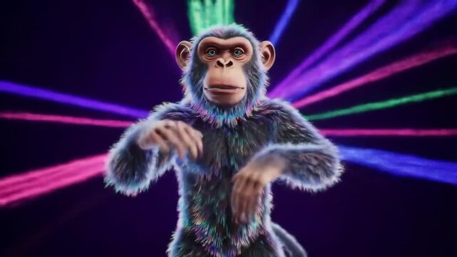 Iridescent chimpanzee against multicolored streaks