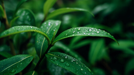 Fresh green leaves with water droplets on light background. 

