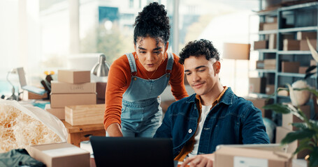 Logistics, small business team and planning with laptop for online order, shipping or delivery...